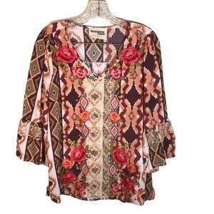 Savanna Jane Tatiana top brown size S V-neck embroidered bell sleeve floral